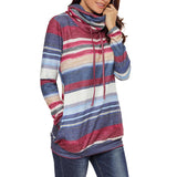 Women Cowl Neck Striped Hoodie Long Sleeve Pullover Top with Pocket S Blue