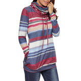 Maxbell Women Cowl Neck Striped Hoodie Long Sleeve Pullover Top with Pocket L Blue