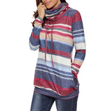 Maxbell Women Cowl Neck Striped Hoodie Long Sleeve Pullover Top with Pocket L Blue