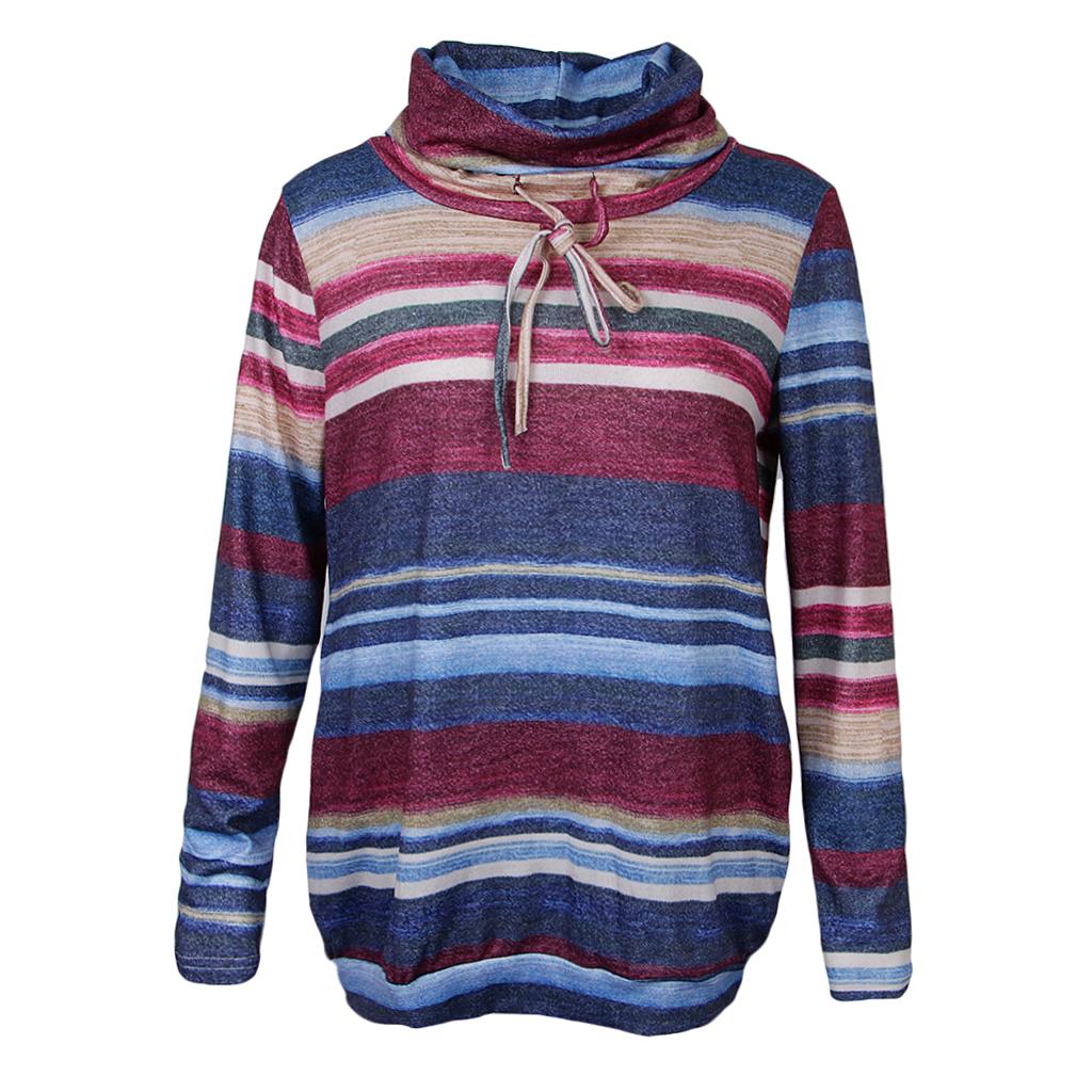 Maxbell Women Cowl Neck Striped Hoodie Long Sleeve Pullover Top with Pocket L Blue