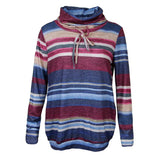 Maxbell Women Cowl Neck Striped Hoodie Long Sleeve Pullover Top with Pocket L Blue