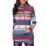 Maxbell Women Cowl Neck Striped Hoodie Long Sleeve Pullover Top with Pocket L Blue