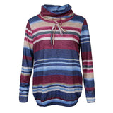 Maxbell Women Cowl Neck Striped Hoodie Long Sleeve Pullover Top with Pocket L Blue