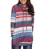 Maxbell Women Cowl Neck Striped Hoodie Long Sleeve Pullover Top with Pocket L Blue