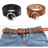 Women's Leather Belt for Jeans with Alloy Buckle Grommet Hollow Rivets Brown