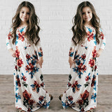 Maxbell Girls Boho Floral Maxi Dress Pleated Causal Long Dress with Pockets 120 White