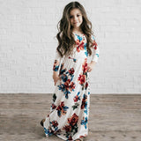 Maxbell Girls Boho Floral Maxi Dress Pleated Causal Long Dress with Pockets 120 White