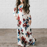 Maxbell Girls Boho Floral Maxi Dress Pleated Causal Long Dress with Pockets 120 White