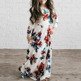 Maxbell Girls Boho Floral Maxi Dress Pleated Causal Long Dress with Pockets 120 White