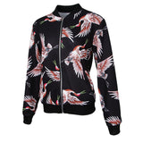 Maxbell Women Floral Printed Zip Up Short Bomber Jacket Coat Stand Collar XL Black Birds