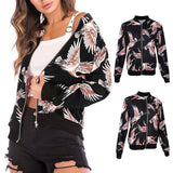 Maxbell Women Floral Printed Zip Up Short Bomber Jacket Coat Stand Collar XL Black Birds