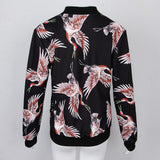 Maxbell Women Floral Printed Zip Up Short Bomber Jacket Coat Stand Collar XL Black Birds