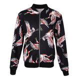Maxbell Women Floral Printed Zip Up Short Bomber Jacket Coat Stand Collar XL Black Birds
