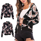 Maxbell Women Floral Printed Zip Up Short Bomber Jacket Coat Stand Collar XL Black Birds