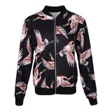 Maxbell Women Floral Printed Zip Up Short Bomber Jacket Coat Stand Collar XL Black Birds
