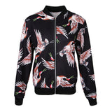 Maxbell Women Floral Printed Zip Up Short Bomber Jacket Coat Stand Collar XL Black Birds