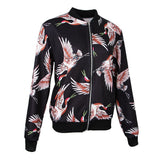Maxbell Women Floral Printed Zip Up Short Bomber Jacket Coat Stand Collar XL Black Birds
