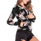 Maxbell Women Floral Printed Zip Up Short Bomber Jacket Coat Stand Collar XL Black Birds