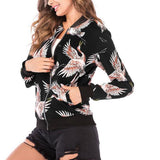 Maxbell Women Floral Printed Zip Up Short Bomber Jacket Coat Stand Collar XL Black Birds