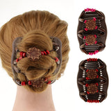 Maxbell Elastic Double Hair Comb with Wooden Bead Easy Hair Clip Hair Jewelry Red