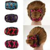 Maxbell Stretch Magic Combs Beaded Hairpin Bow Hair Head Comb Cuff Double Clip Rose Red