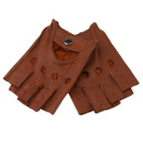 Retro PU Leather Men Fingerless Driving Cycling Gloves L Brown Button