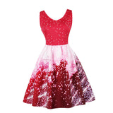 Maxbell Women Christmas Party Polka Dots Snowflake V-neck Swing Dress L Red