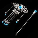 Retro Chinese Wedding Flower Tassels Bells Hair Stick Chignon Jewelry Blue