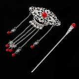 Retro Chinese Wedding Flower Tassels Bells Hair Stick Chignon Jewelry Red