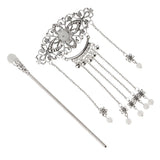 Retro Chinese Wedding Flower Tassels Bells Hair Stick Chignon Jewelry White