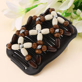 Maxbell Elastic Double Hair Comb with Wooden Bead Easy Hair Clip Hair Jewelry Coffee