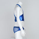 Maxbell Men's Sexy Elastic Halter Body Chest Strap Harness Top Briefs Set Blue