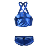 Maxbell Men's Sexy Elastic Halter Body Chest Strap Harness Top Briefs Set Blue