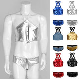 Maxbell Men's Sexy Elastic Halter Body Chest Strap Harness Top Briefs Set Blue