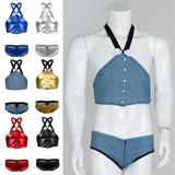 Maxbell Men's Sexy Elastic Halter Body Chest Strap Harness Top Briefs Set Blue