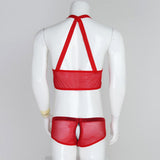 Maxbell Men's Sexy Elastic Halter Body Chest Strap Harness Top Briefs Set Red