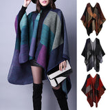 Women's Plaid Color Block Shawl Wrap Open Front Poncho Cape Cardigan Red