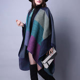 Women's Plaid Color Block Shawl Wrap Open Front Poncho Cape Cardigan Purple