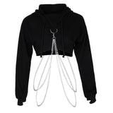 Maxbell Women Fashion Long Sleeve Pullover Hoodie Crop Top Metal Chain Sweatshirt L