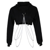 Maxbell Women Fashion Long Sleeve Pullover Hoodie Crop Top Metal Chain Sweatshirt L