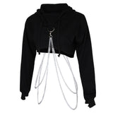 Maxbell Women Fashion Long Sleeve Pullover Hoodie Crop Top Metal Chain Sweatshirt L
