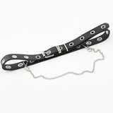 Women Punk Rivets Hollow Leather Waist Belt with Metal Chain for Jeans Black