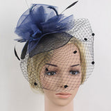 Wedding Bridal Ladies Prom Mesh Veil Feather Fascinator Hair Clip Dark Blue