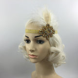 Maxbell Vintage Feather 1920s Great Gatsby Flapper Crystal Diamante Headband White