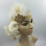 Maxbell Vintage Feather 1920s Great Gatsby Flapper Crystal Diamante Headband White