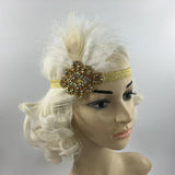 Maxbell Vintage Feather 1920s Great Gatsby Flapper Crystal Diamante Headband White