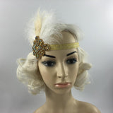 Maxbell Vintage Feather 1920s Great Gatsby Flapper Crystal Diamante Headband White