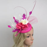 Women Girls Wedding Prom Party Hair Decor Feather Fascinator Flower Net Veil Linen Mini Top Hat Headband Gift Rose Red