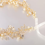 Maxbell Crystal Pearls Vine Headband Tiara Wedding Bride Prom Hair Accessory-Gold