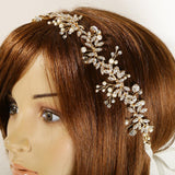 Maxbell Crystal Pearls Vine Headband Tiara Wedding Bride Prom Hair Accessory-Gold